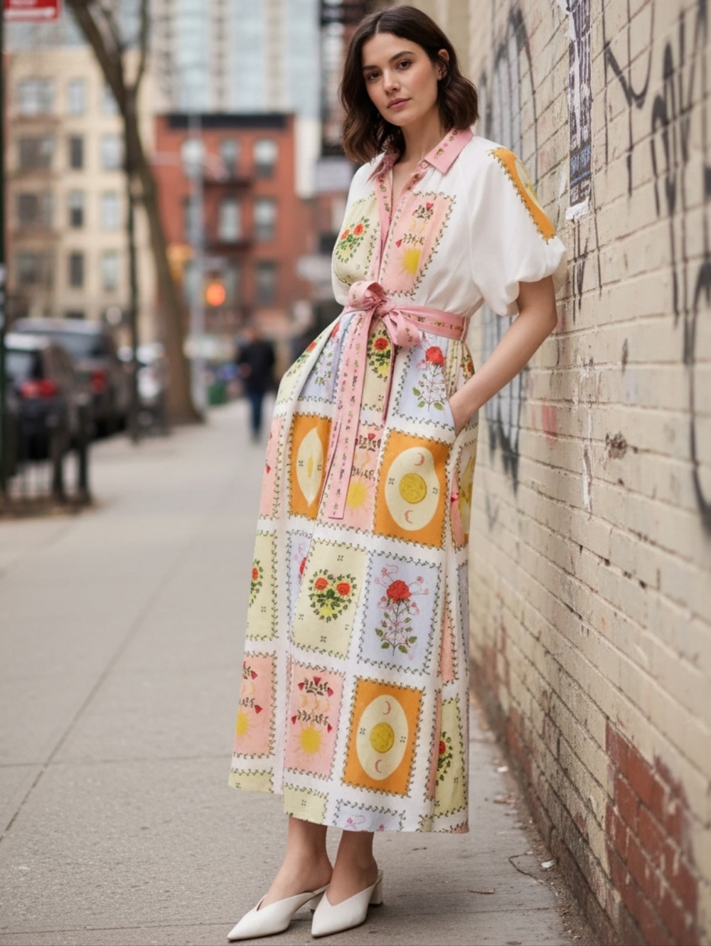 Patchwork Linen Blend Short Sleeve Belted Celestial Collared Maxi Shirt Dress
